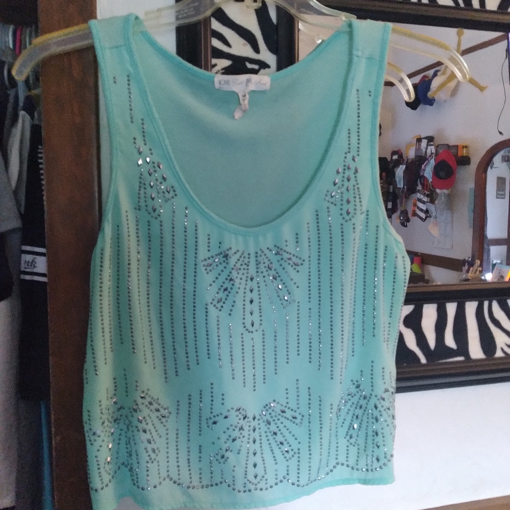Blinged  out silk light blue crop top.